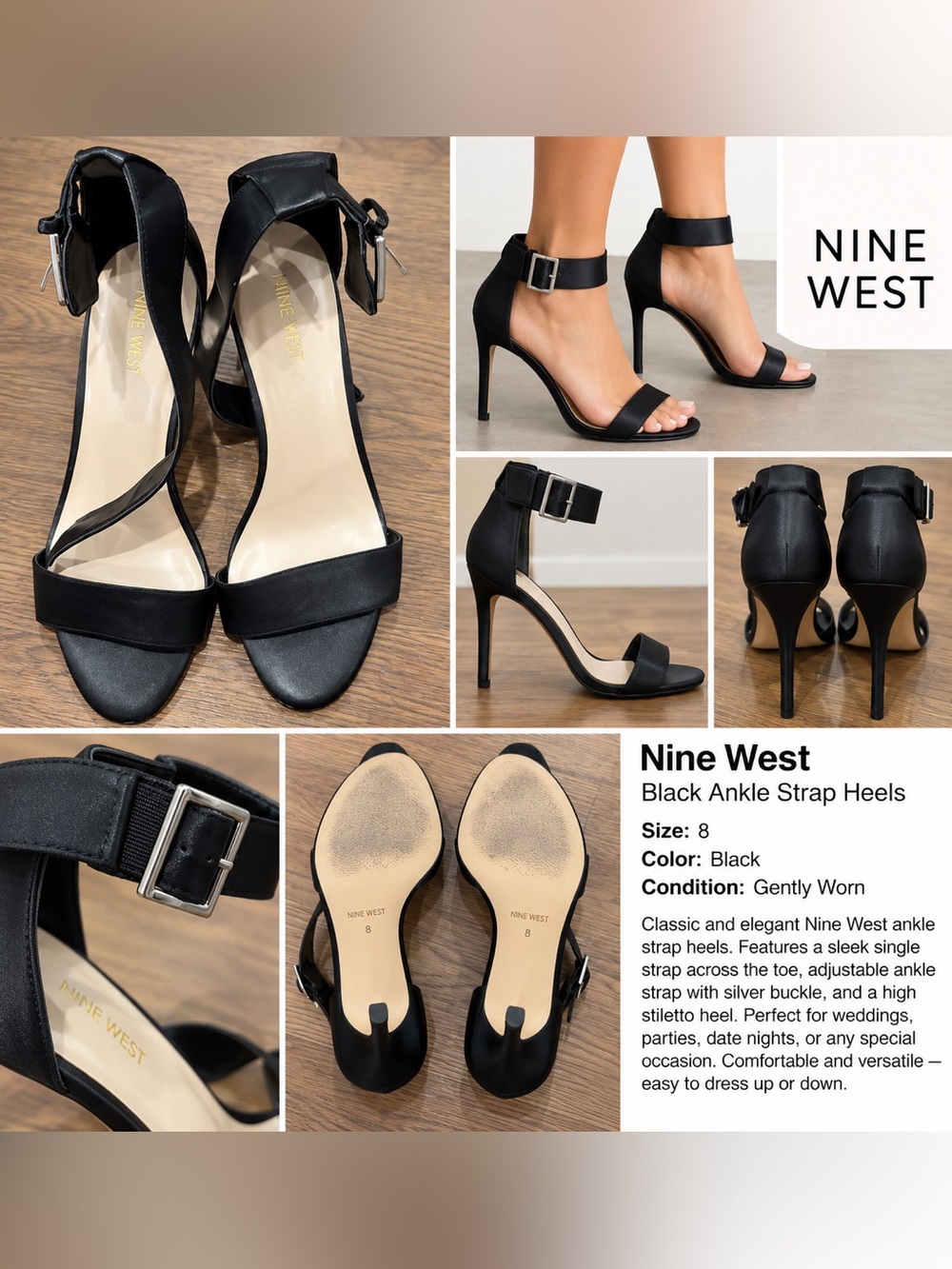 Nine West Black Ankle Strap Stiletto Heels Open Toe